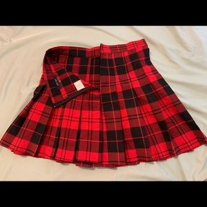 Red/black pleated skirt.
